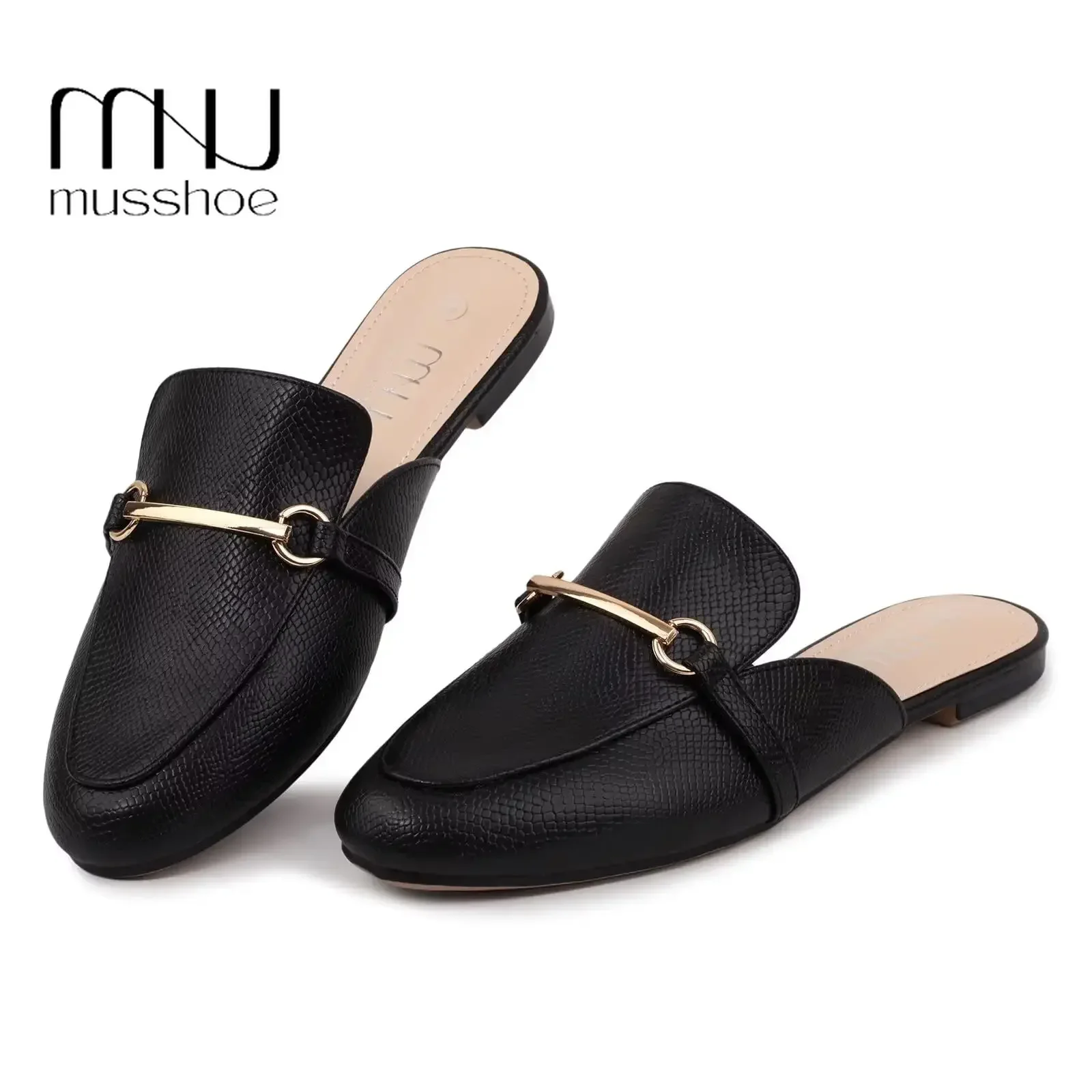 MUSSHOE Buckle Mules for Women Round Toe Backless Flat Shoes Comfortable Backless Loafers Ladies Slip on Half-Drag Flat Mules