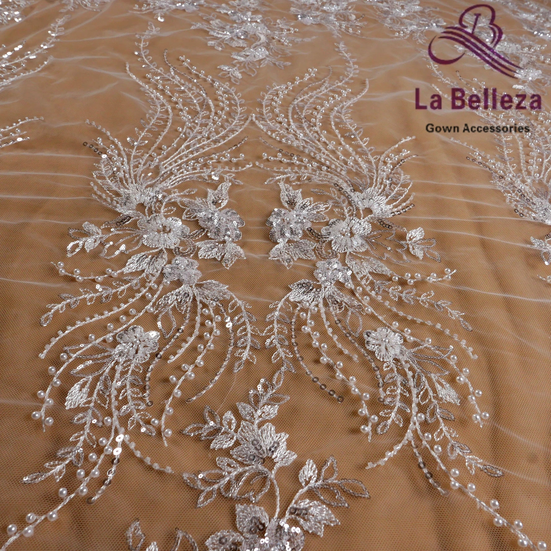 New ivory beads sequin flower leaves pearl embroidered fabric wedding dress evening clothing 2024