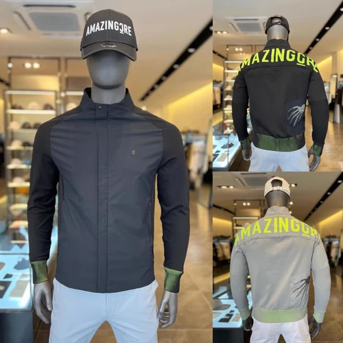 남성용 세미 하이 넥 지퍼 레터 프린트 골프 재킷, 캐주얼 골프 의류 