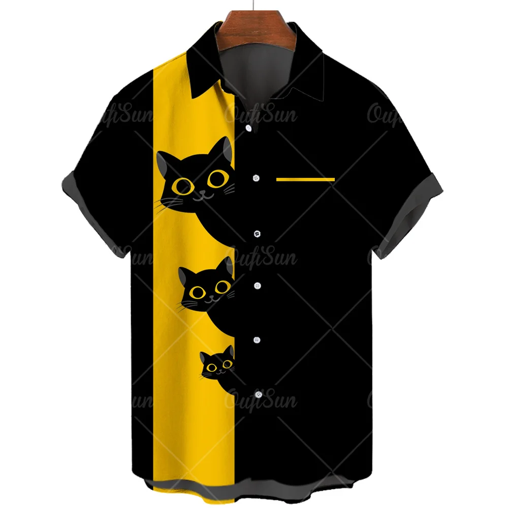 Summer Hawaiian Beach Shirts Retro 3D Cat Animal Fashion Beach Short-sleeved Shirts Oversized Shirts Men Camisa Masculina 5XL