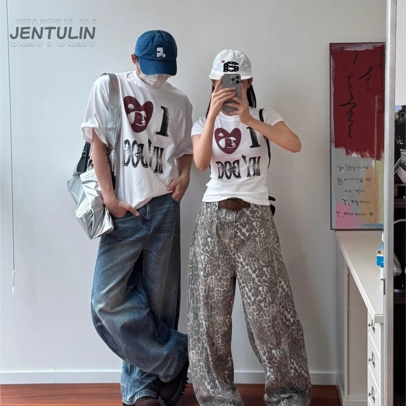 

Retro American Leopard Print Wide Leg Cotton Jeans Women Early Autumn Loose Jeans Men High Waist Zipper Water Wash Casual Wear