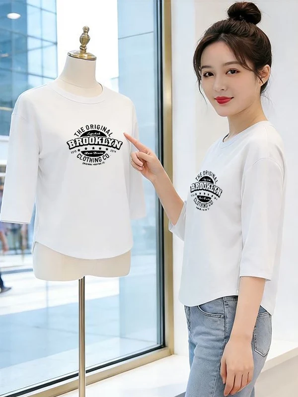 

High Quality mid Sleeve Letter Print T-Shirt Women's White Top Shoulder Printed Base Shirt Mom's Fashion Casual Style Polyest...