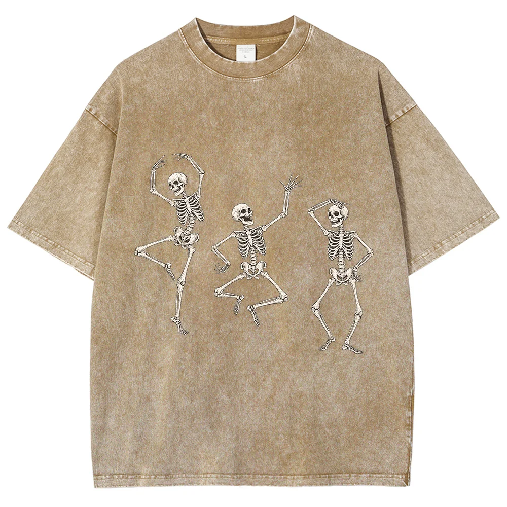 Unisex Vintage Graphic T-Shirt Casual Short Sleeve Dancing Skeletons Print Tee High Street Loose Top