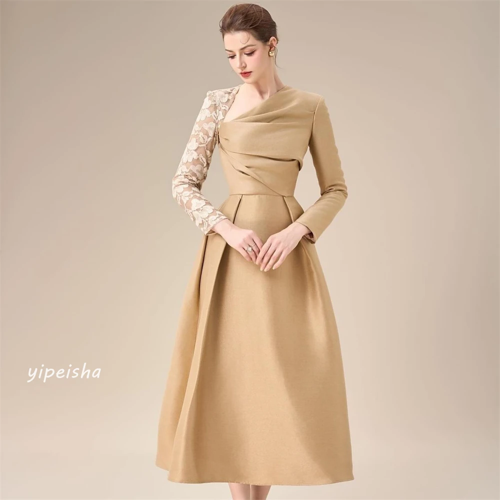 Customized Jersey Applique Ruched Birthday A-line V-neck Bespoke Occasion Gown Midi Dresses