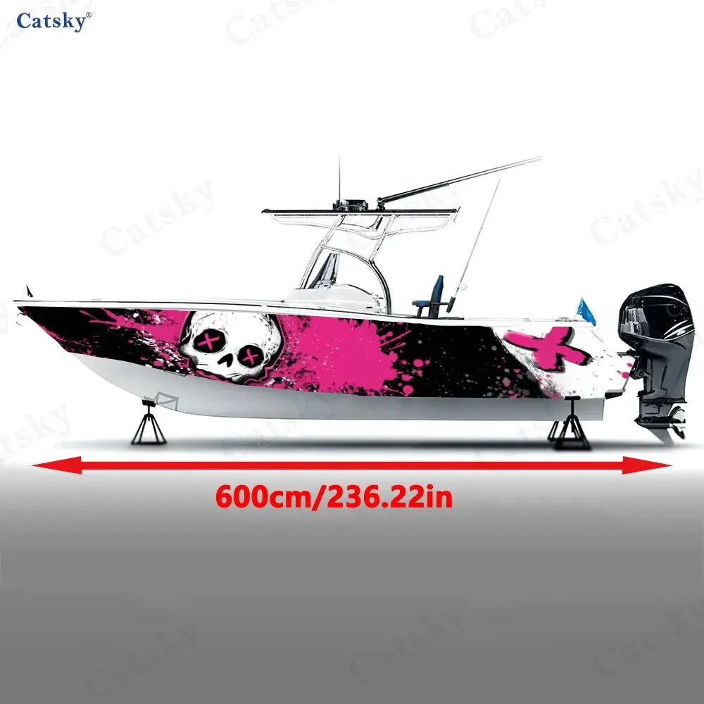 Pink & Black Skull Trend Boat Stickers, PVC Waterproof Durable Vinyl Wrap Decals for Fishing Boats, Durable and Stylish Design