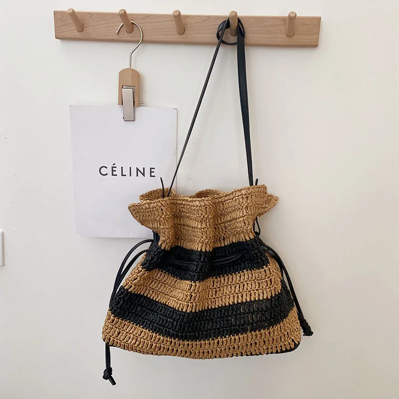 Striped Grass Braided Bag One Shoulder Oblique Span Hand Crochet Braided Bag Casual Everything Beach Bag Rattan Braided Bag