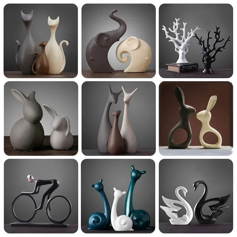 Nordic Ceramic Animals Ornaments Porcelain Ins Style Decorations Home Cabinet Crafts Elephant Cat Deer Rabbit Snail Miniatures