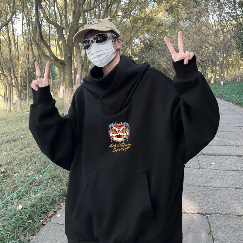 Autumn Lion Dance Graphic Ninja Hoodie Men Fleece Pocket Turtleneck Oversized Hooded Sweatshirt Japanese Streetwear Y2K Hoodies