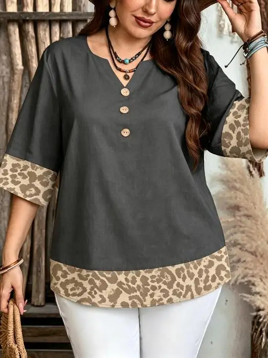 Leopard Contrast Trim Linen Blouses Split Notch V Neck Wooden Buttons 3/4 Sleeve Loose Fit Women Casual Shirts