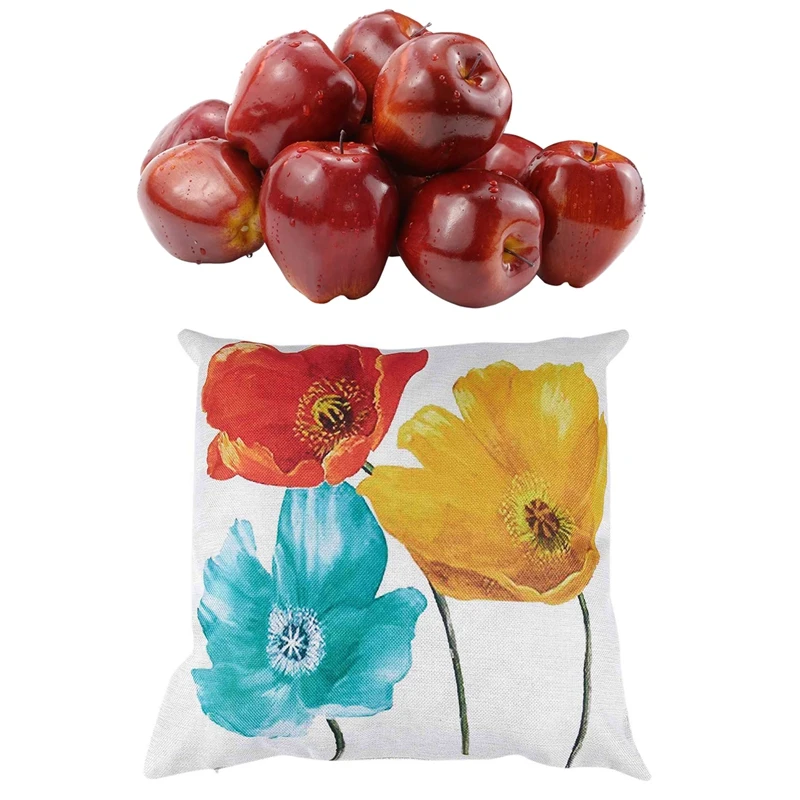 1X Flax Pillow Case Enchanting Beautiful Tricolor 45 X 45Cm & 12 Pcs Fake Fruit Apples Artificial Apples Lifelike