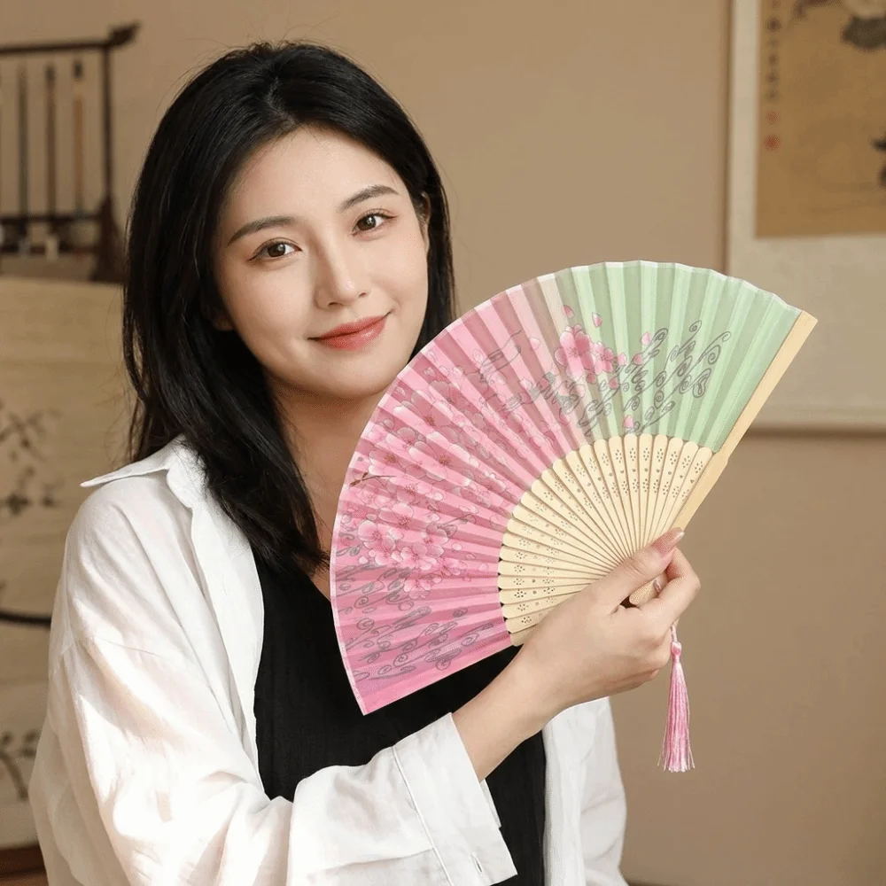 Traditional Vintage Chinese Folding Fan Floral Print Creative Dance Fan Decorative with Tassels Hand Cranked Fan Photography