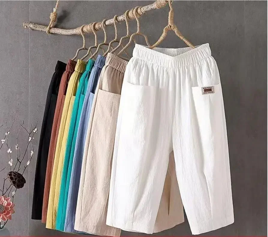 

Women's Cotton Linen Capri Pants Summer Loose Linen Elastic Waist Ankle Tightening Harem Pants Versatile Casual Pants