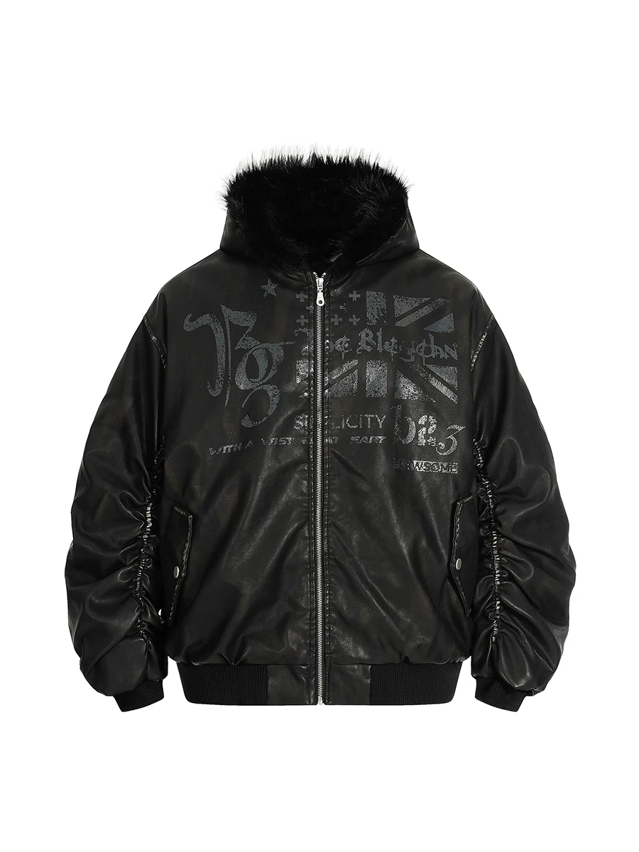 

Свободное длинное хлопковое пальто с капюшоном из искусственной кожи с буквенным принтом и меховым воротником, молодежное повседневное длинное хлопковое пальто све