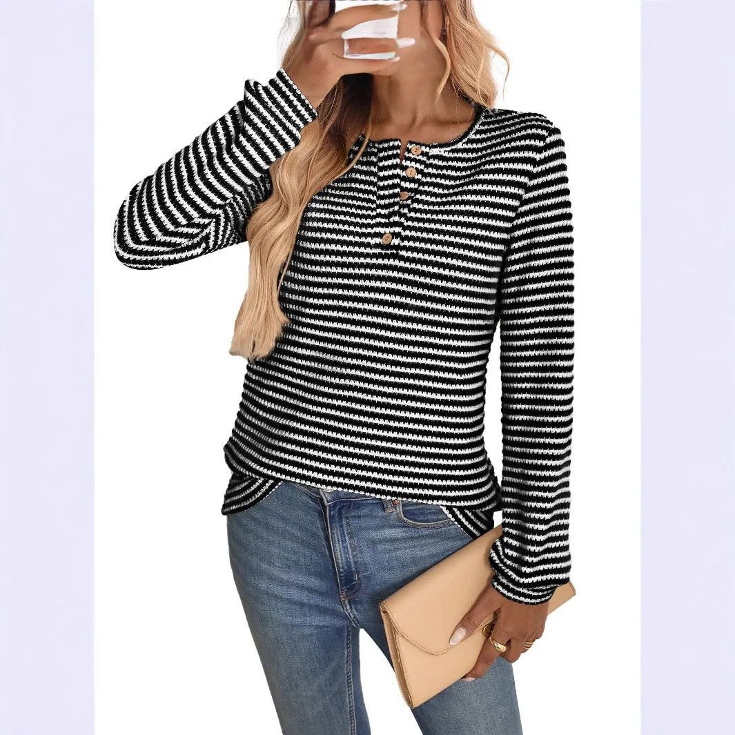 Casual T Shirt Women Long Sleeve Round Neck Tee Beige White Striped Loose Fit T-Shirts Black White Striped Knit Top For Woman