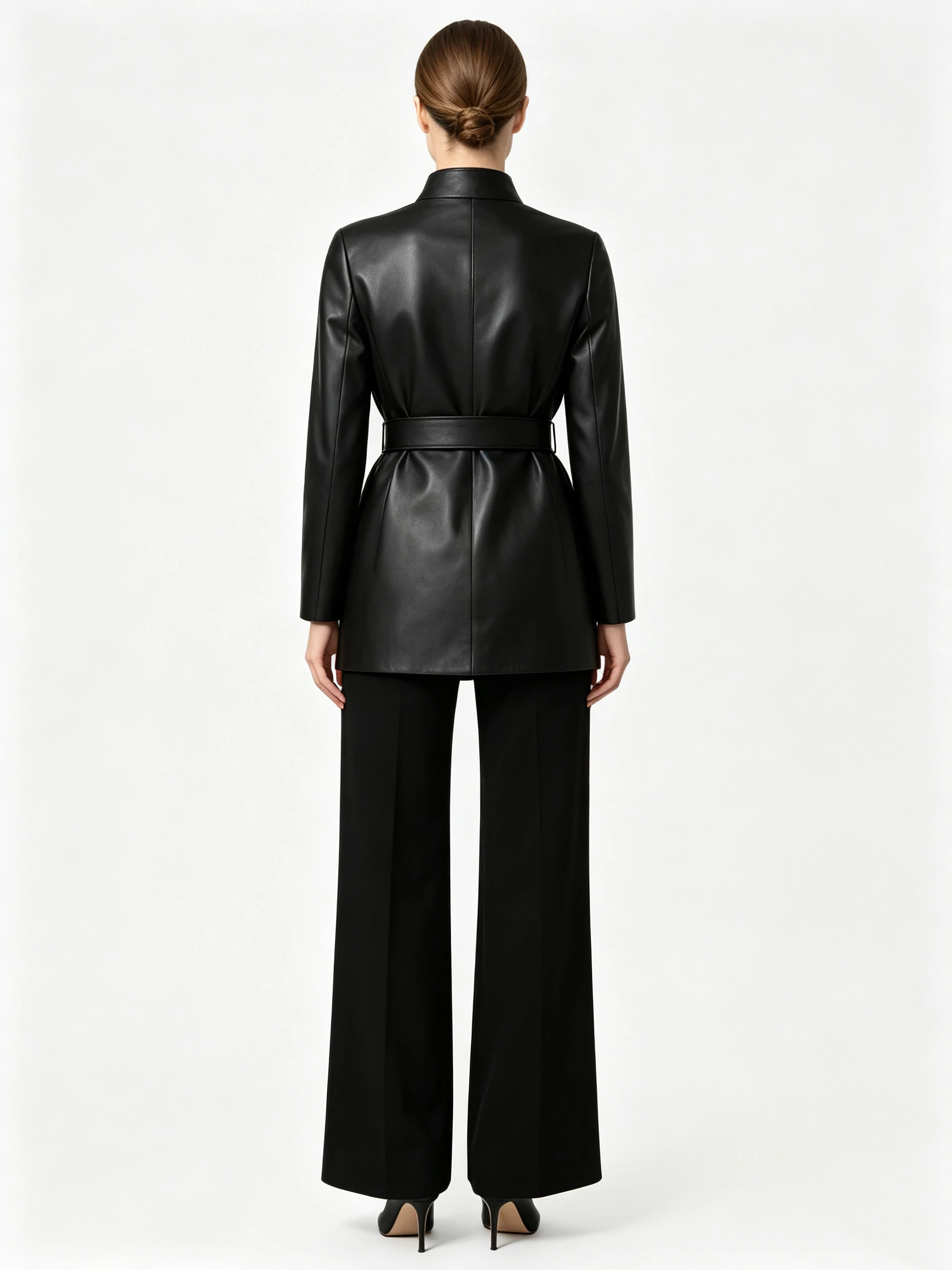 Women's Faux Leather Peplum Jacket with Stand Collar and Belted Waist