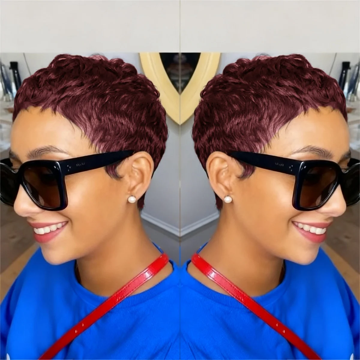 흑인 여성용 짧은 픽시 가발 스트레이트 인모 풀 머신 메이드 가발