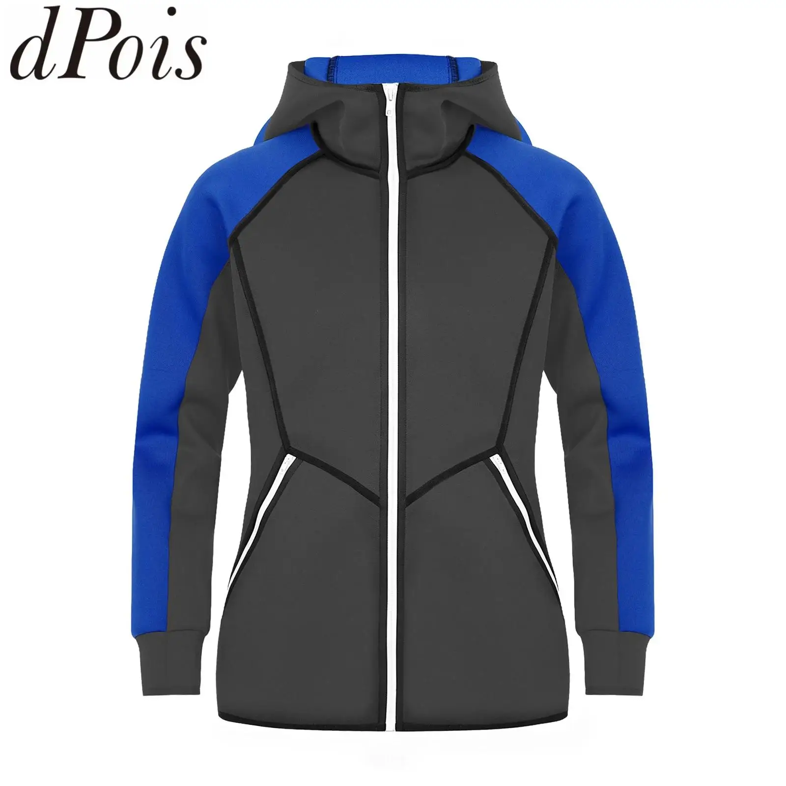 Men Neoprene Hooded Sports Coat Top Waterproof Color Block Windbreaker Jacket Front Zipper Hoodie Outerwear with Zipper Pockets