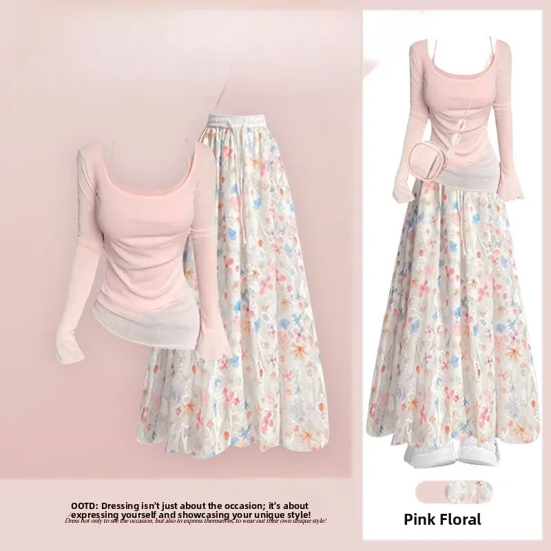 

Summer Pure Desire Faion Gentle Sle Slimming Long Sve Top High Waist Floral f Skirt Two Piece Set Casual Wear for W...