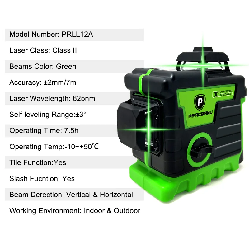 Pracmanu 12 Linee Laser Verde 3D Livello 360 ° Livella laser a linee incrociate orizzontali e verticali autolivellante automatica con 1/2 batterie