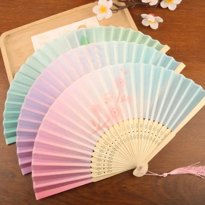 Colorful Butterfly Floral Folding Fan Chinese Style Hand Held Fan With Tassel