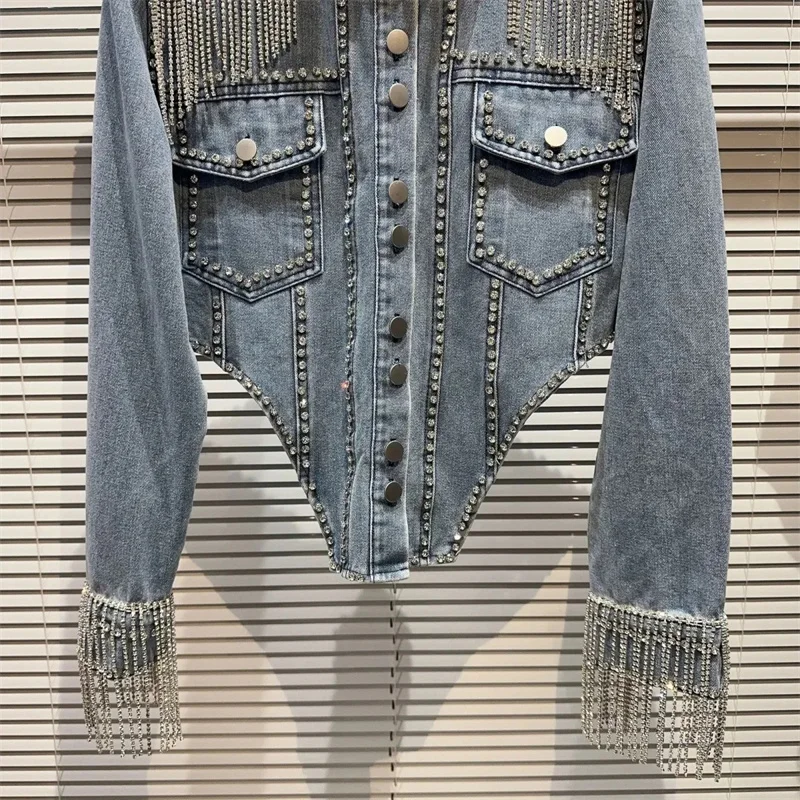 Spring Autumn New Patchwork Denim Jacket Women Fashion Tassels Drill chain Long Sleeve slim Jeans Coat Female Streetwear T411