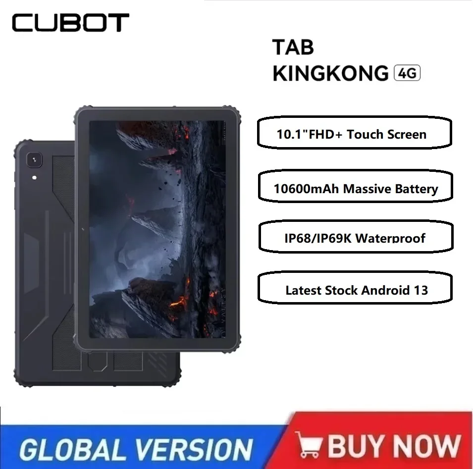 Cubot TAB KINGKONG Rugged Tablet 10.1Inch 16GB(8GB+8GB Extended)+256GB Tablet Smartphones Android 13 10600mAh IP68 Waterproof PC