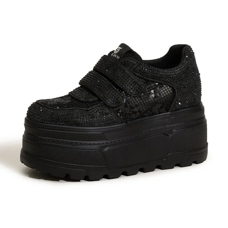 

10CM Women's Thick Heel Slip-On Shoes Spring Summer Style Breathable Mesh Upper Crystal Decorated Platform Sandals Comfortable