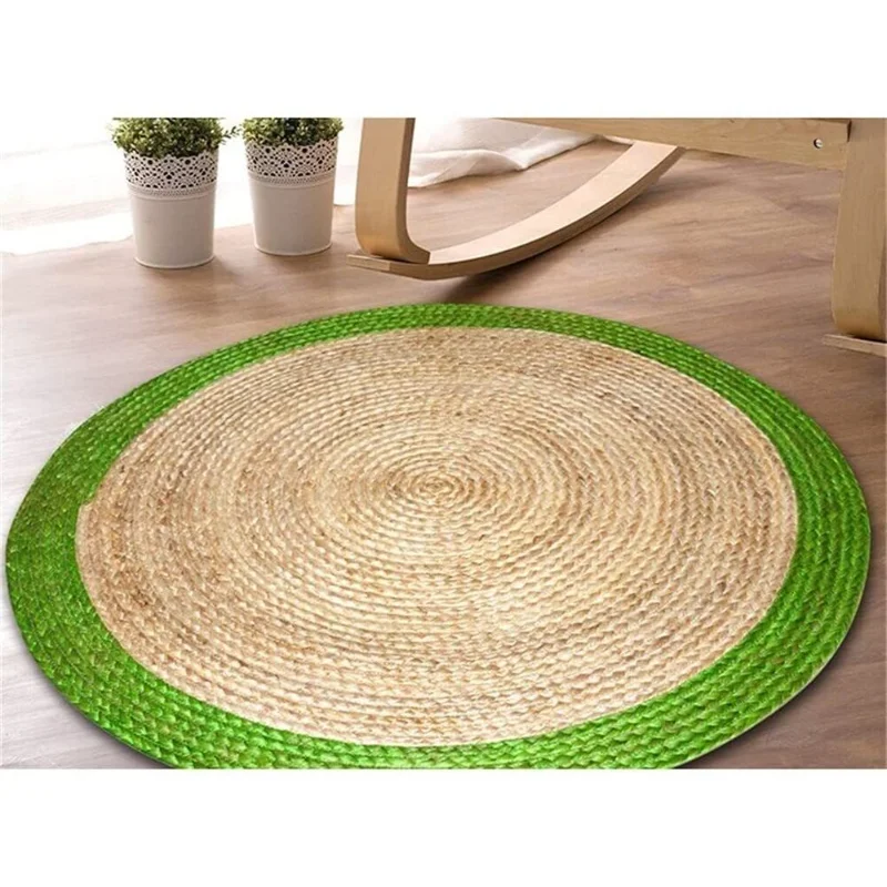 

Round Rug 100% Natural Braided Jute Handmade Green Border Modern Rustic Look Rugs for Bedroom