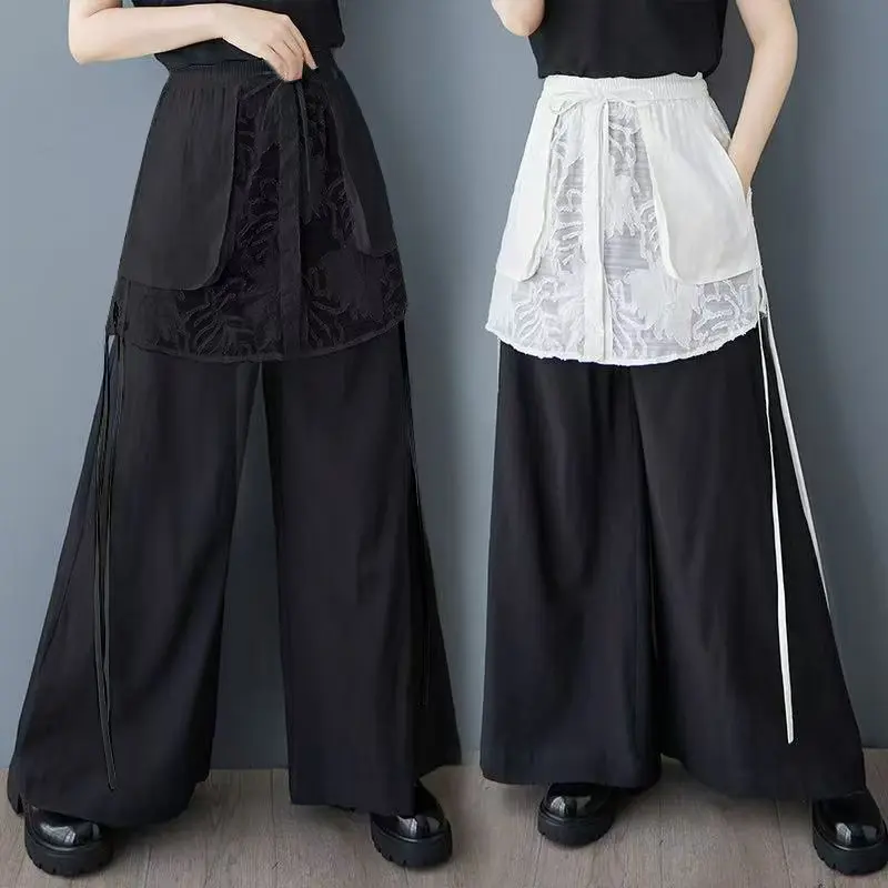 Casual kanten patchwork wijde pijpen broek elastische taille rechte snit ket ontwerp dames hoge taille lang katoen polyester mix