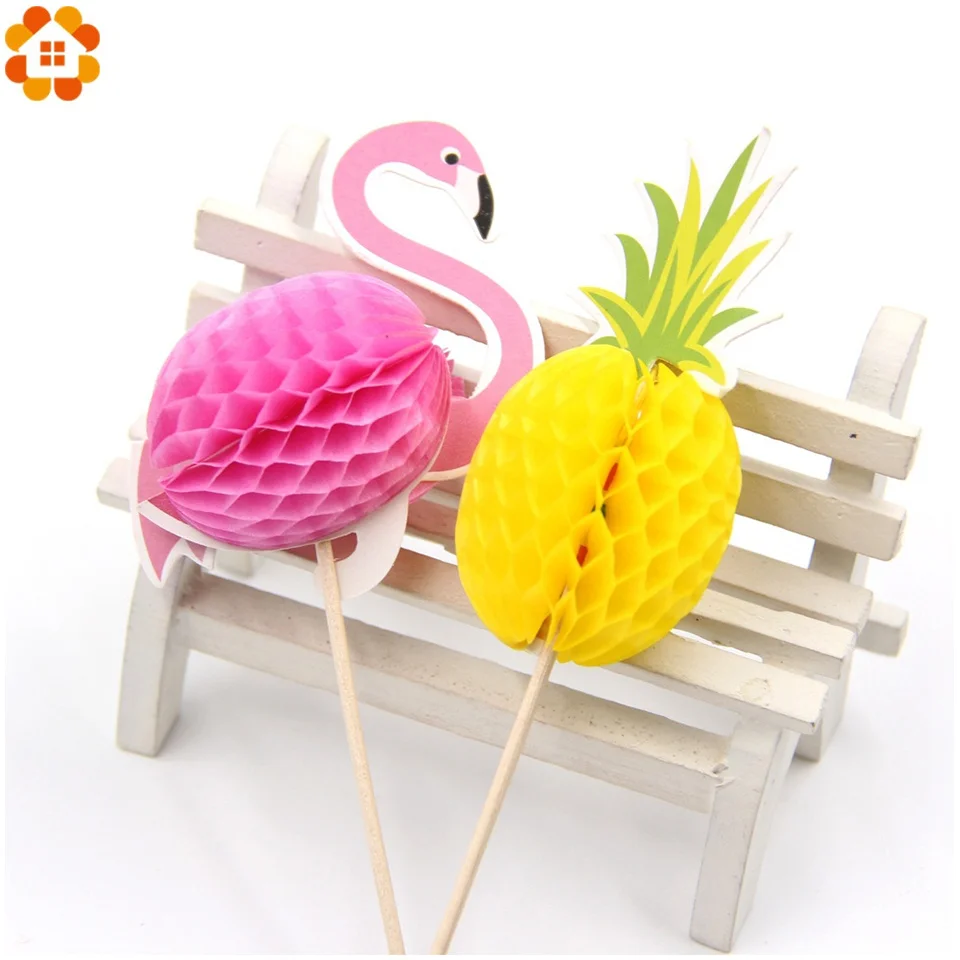 20pcs Honeycomb Flamingo Coconut Tree Pineapple Cake Topper  Paper Cupcake Toppers for Summer Wedding Birthday Party Decorations