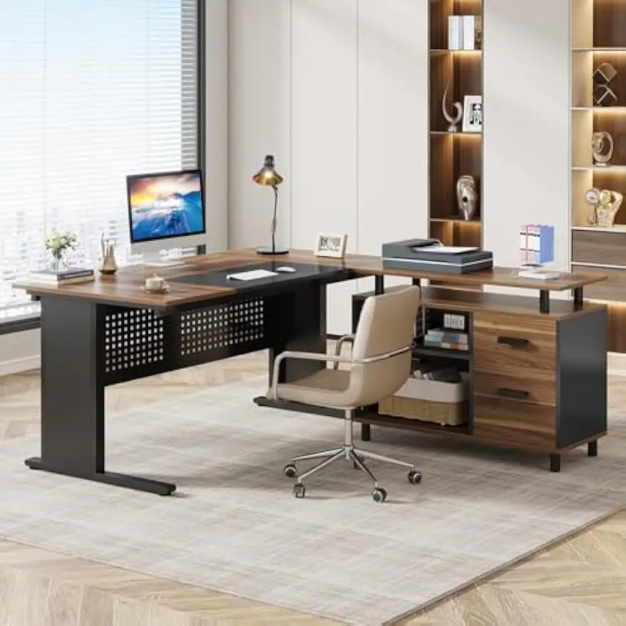 

Tribesigns 63 Inch Executive Desk with File Cabinet, Large Office Desk L Shaped Computer Desk with Drawers and Storage Shelves,