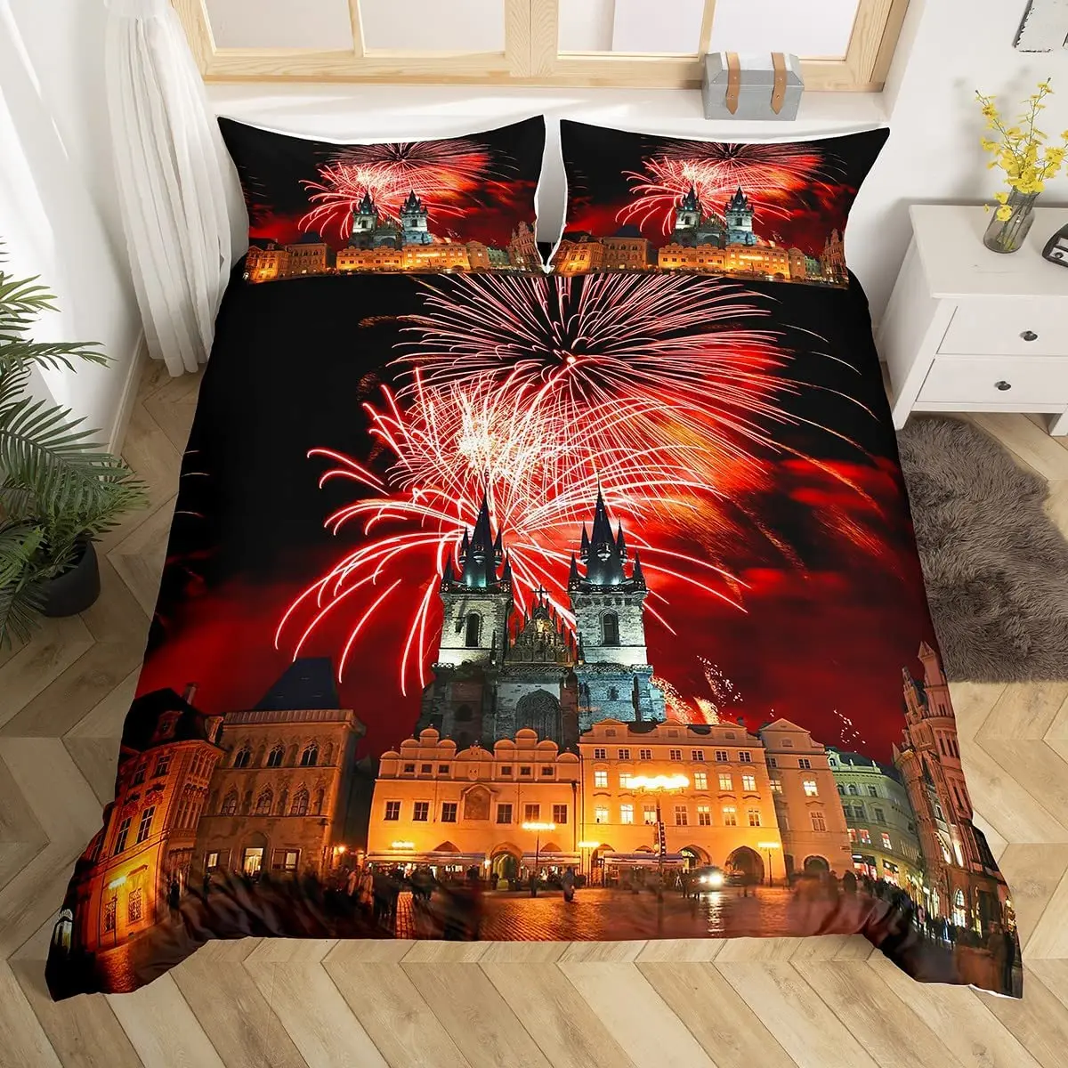 Fireworks Duvet Cover Fantasy Castle Bedding Set Prague Cityscape Comforter Cover Microfiber Magical Psychedelic Flowers Bed Set