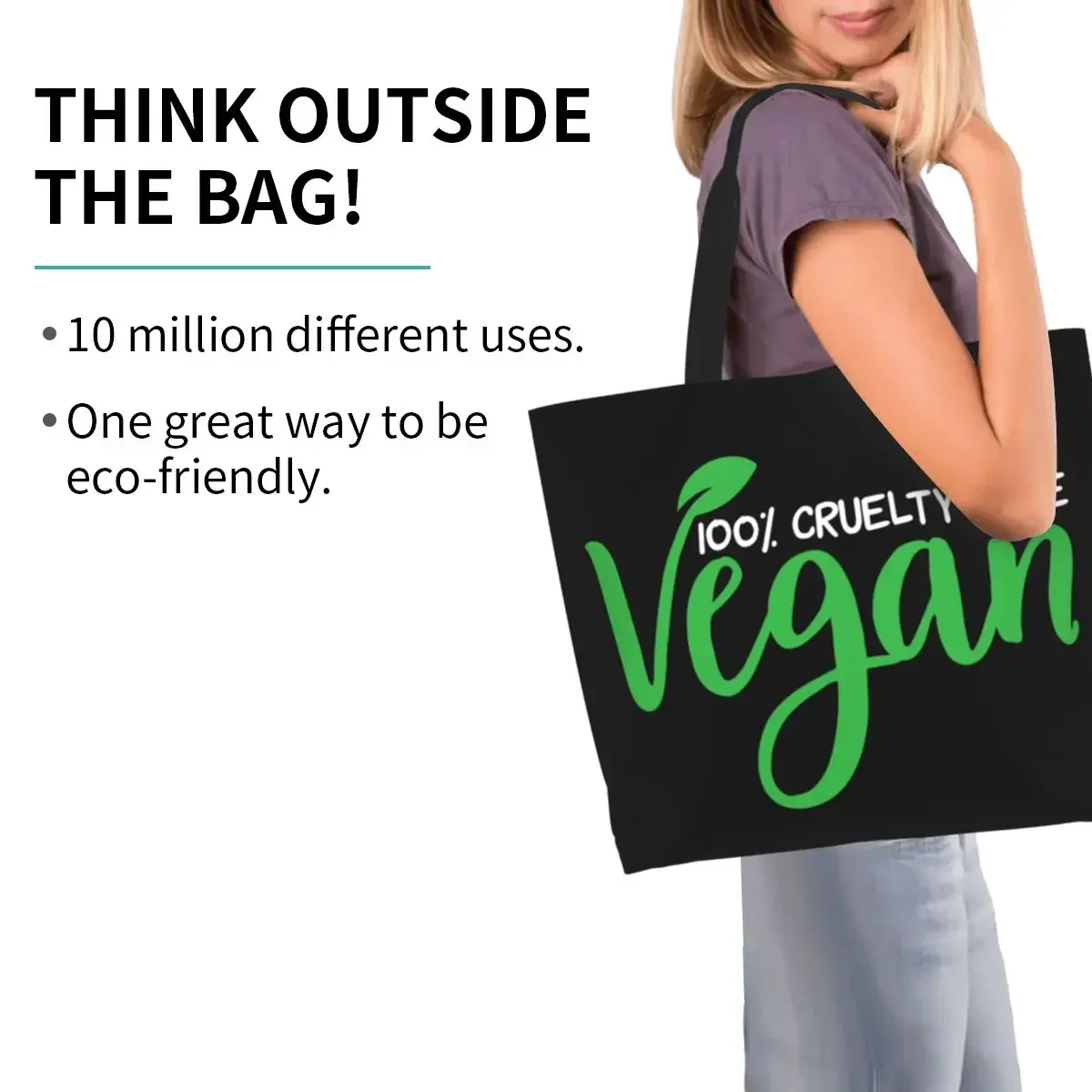 Vegan Nutrition Grocery Shopping Bags Cute Printed Canvas Shopper Shoulder Tote Bag Large Capacity Portable Veganism Handbag