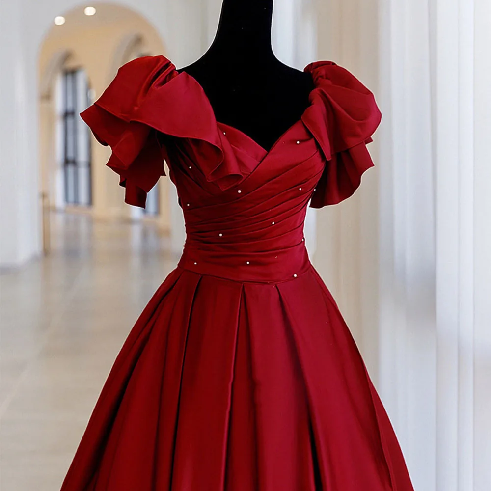 

Wine Red Satin Fabric Evening Dress Women's Elegant Off The Shoulder Backless Puff Sleeves Beading Floor Length A-Line Vestido