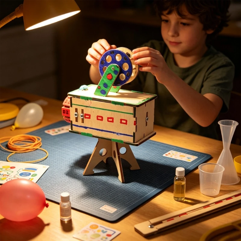 Projection Learning Toy DIY Wooden Slide Projector with Picture Wheel Tabletop Display Stand and Hands-On Science 15UB