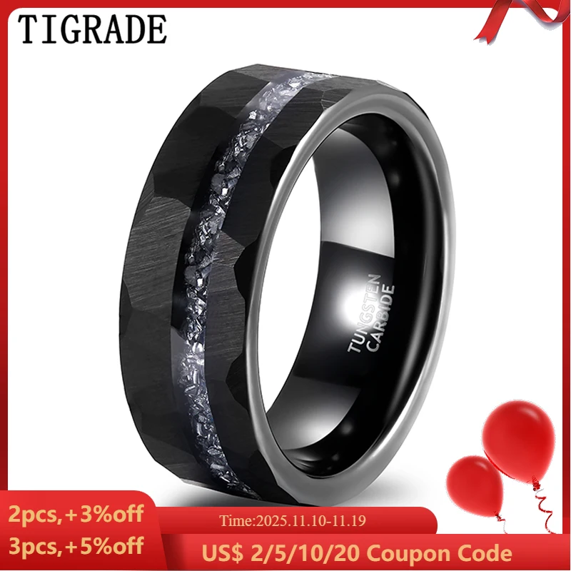 

Tigrade 8mm Mens Black Tungsten Carbide Ring Aluminum Slag Inlay Hammer Pattern Groove Hammered Wedding Band Men Rings Comfort