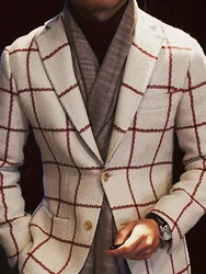 Men's Stripe Plaid Pattern Color Block Long Sleeve Classic Lapel Suit Jacket Formal Dress For Wedding Banquet Business Occasion