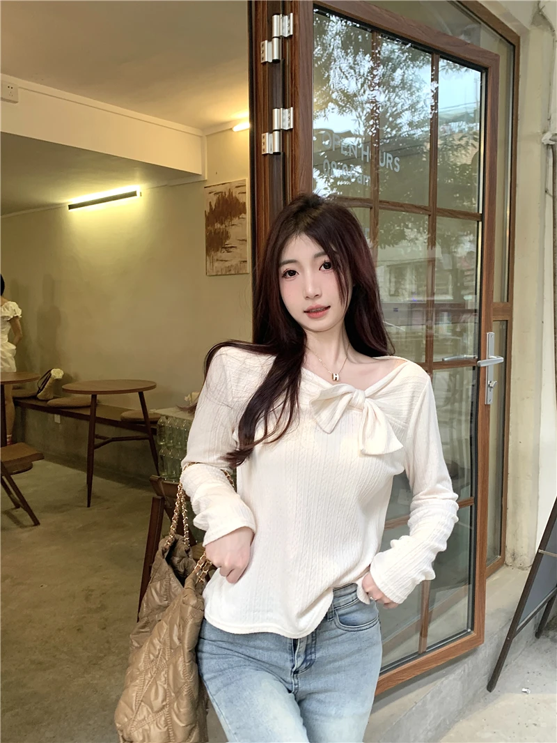 Camiseta de Manga Larga Ajustada para Mujer, Nueva, Color Puro, Capa Base, Estilo Coreano, para el Trabajo, de Fibra de Poliéster