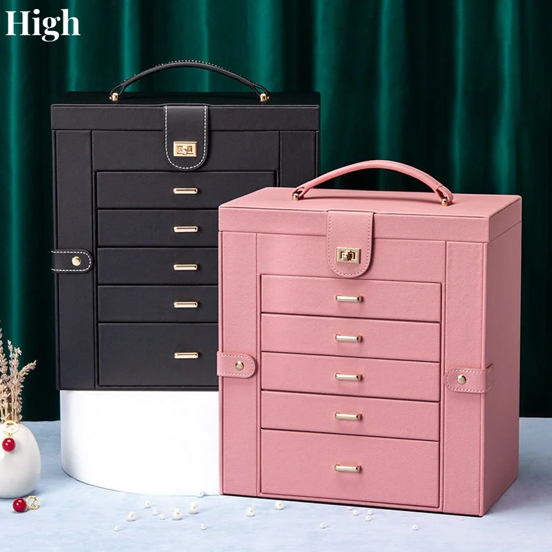 Large 6-Tier Jewelry Box Lockable Leather Jewelry Storage Case with 5 Drawers for Women Girls Ring Necklace Earring Bracelet