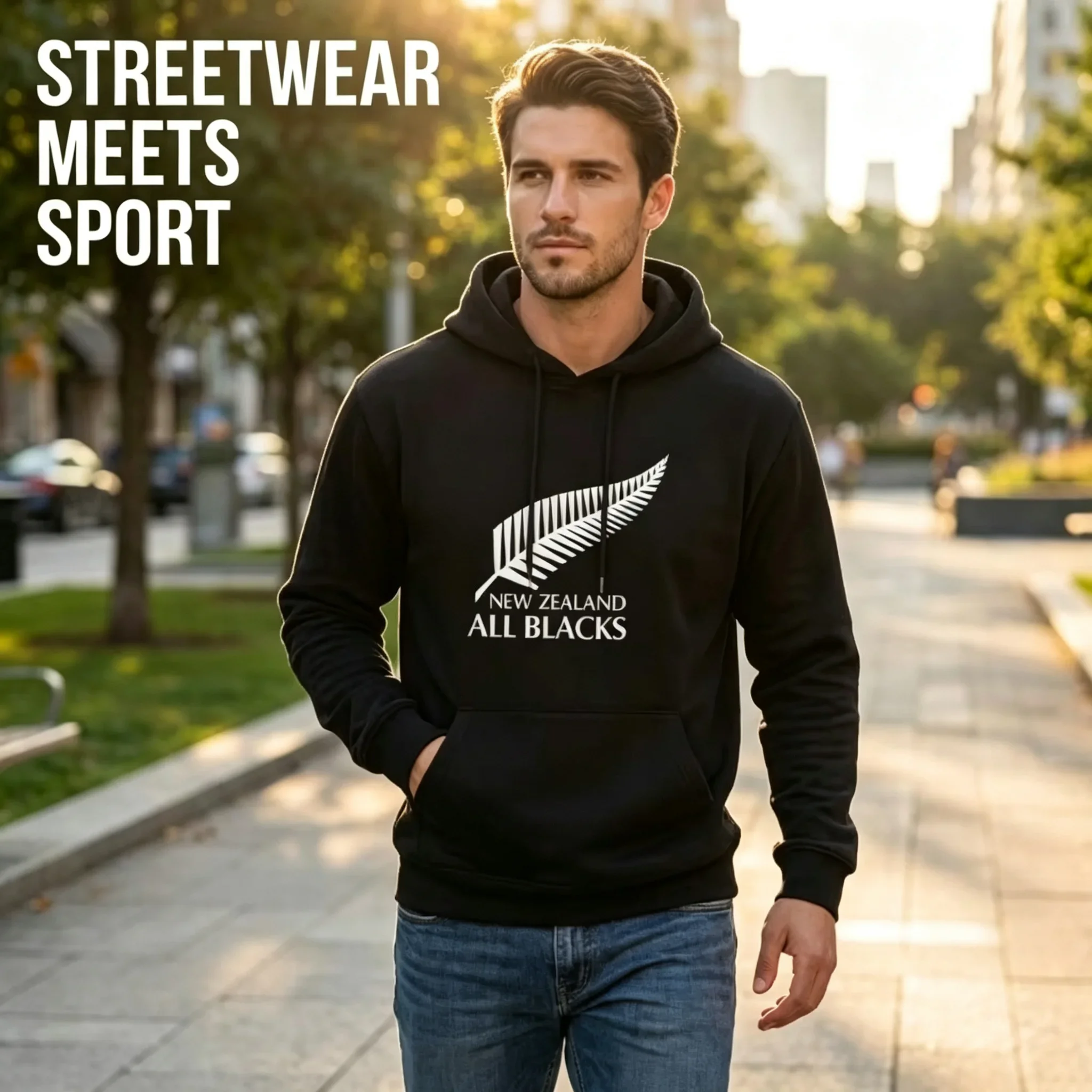 Sudadera con capucha de poliéster extragrande para hombre, nueva colección 2026, con estampado gráfico de plumas de los All Blacks de Nueva Zelanda, moderna, de gran tamaño.