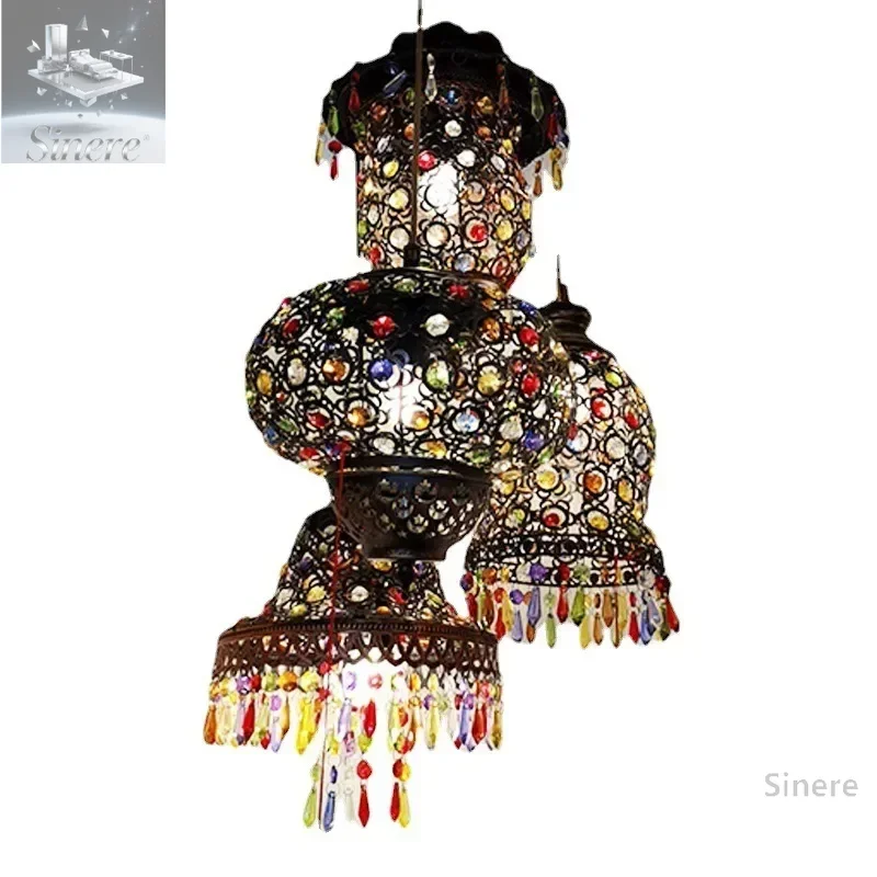 

Manse coffee small chandelier Dai Thai hollow iron crystal bead chandelier, Morocco South East Asia style lamp
