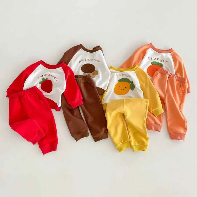 INS Children Sweatshirt Set 0-4Years Kid Baby Boy Girl Long Sleeve Fruit Pattern Pullover Jumper+Jogger Pant 2PCS Spring Clothes