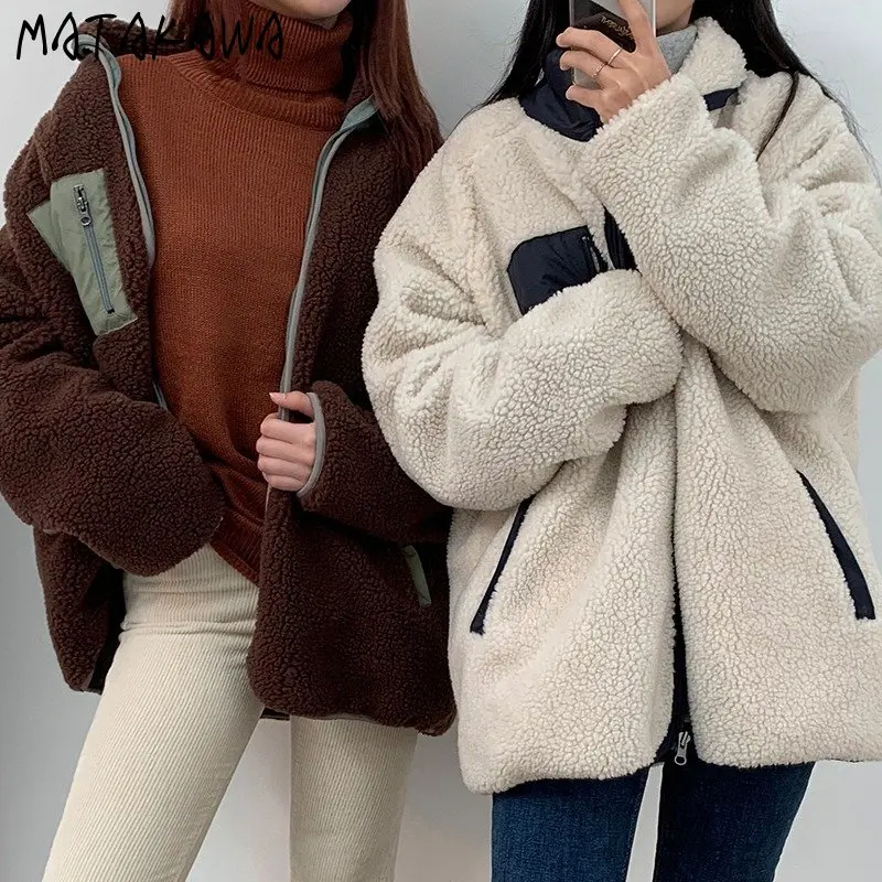 Matakawa 4 Colors Autumn Winter Coats Women Lamb Wool Thick Autumn Winter Jackets Stand Collar Zipper Japan Style Chaquetas