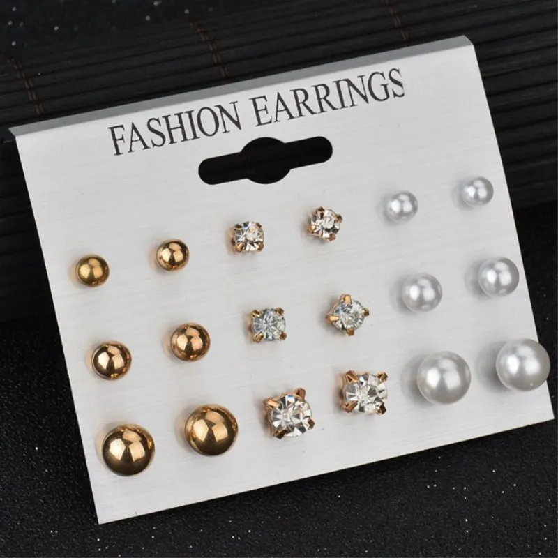 Fashion 12 pair/set Women Square Crystal Heart Stud Earrings For Women Piercing Simulated Pearl Flower Earrings Set Gift Jewelry