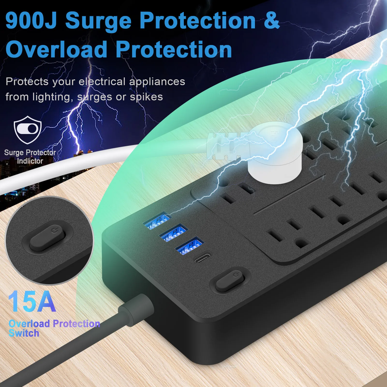 Surge Protector Power Strip US 3‑Prong Plug 10 AC Outlets with 3 USB 1 Type‑C Port Extension Socket for Home Dorm Office