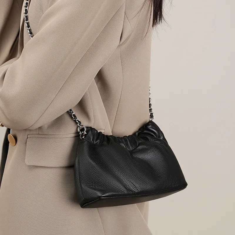 Women's Genuine Grade Cow Leather Cloud Bag Female Shoulder Crossbody Bag Ladies Cowhide Underarm Small Chain Dumpling Bag Korea