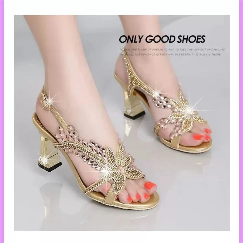 Summer Fashion Women Comfortable High Heels Sandals Elegant Butterfly Rhinestone Ladies Gladiator Party Thick Heel Shoes