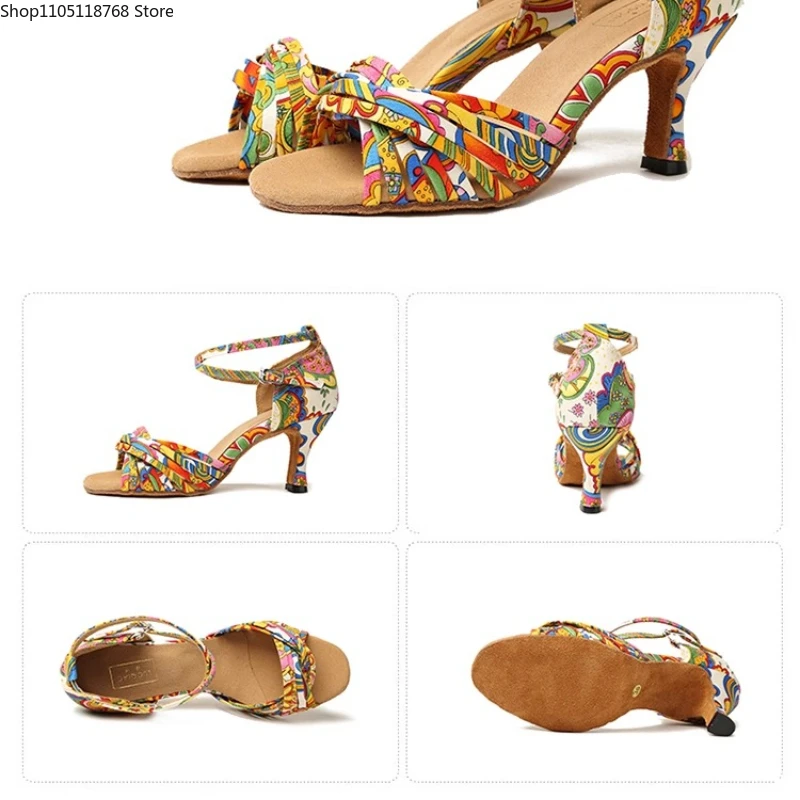 أحذية الرقص اللاتينية أحذية قاعة الرقص على شكل زهرة كعب متوسط أحذية السالسا المربعة بأشرطة متقاطعة