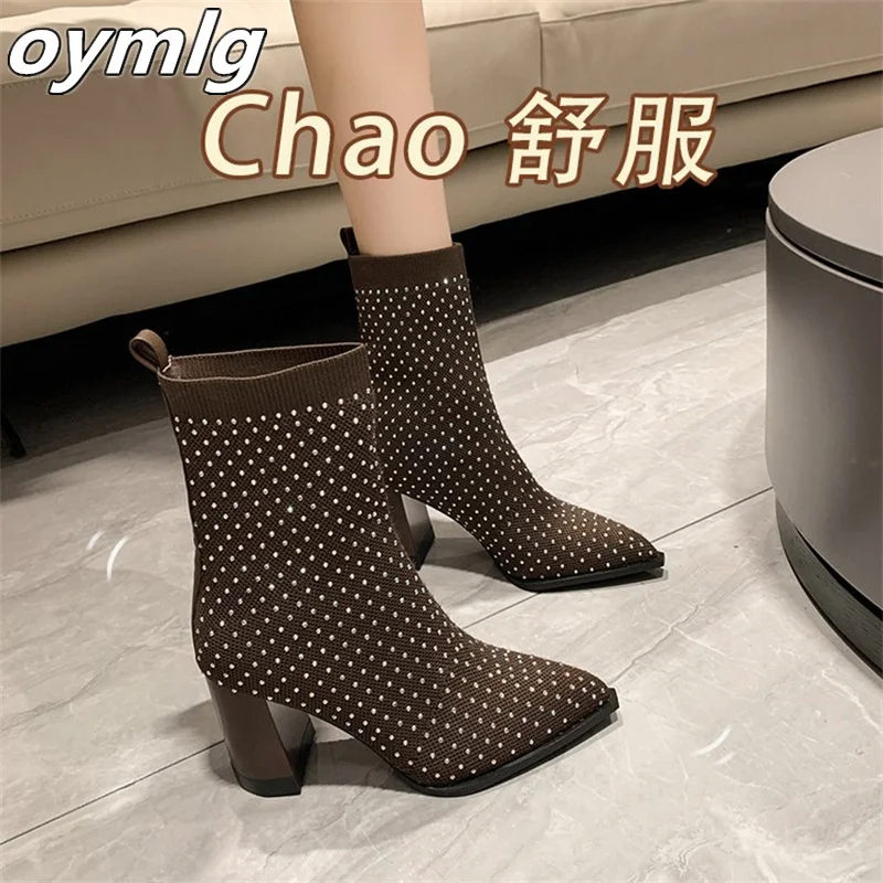 Pointed Knitted Elastic Boots Women\'s Socks and Boots Thick Heel Short Boots 2023 Autumn New High Heel Thin Single Boots