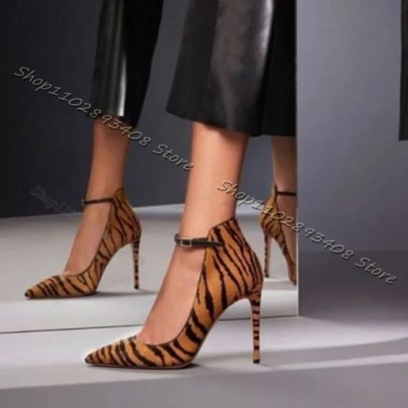 

Tiger Pattern Ankle Buckle Pumps Pointed Toe Thin High Heels Shallow Women Shoes Women Fashion Sexy Shoes Zapatos Para Mujere